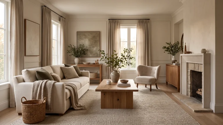 Cozy warm neutral living room with cream sofa, natural wood furniture, fireplace and layered textures