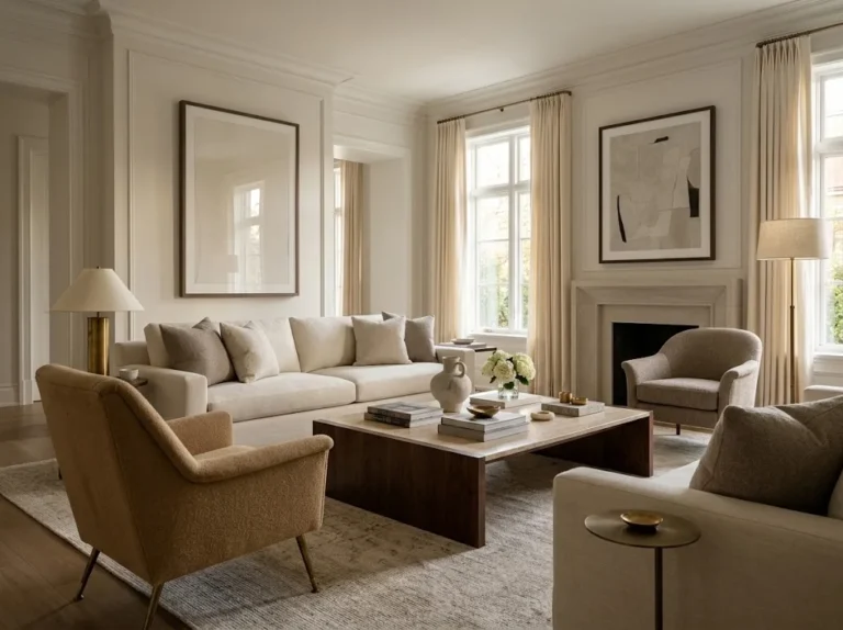 Elegant expensive-looking living room with warm neutral furniture and luxury details