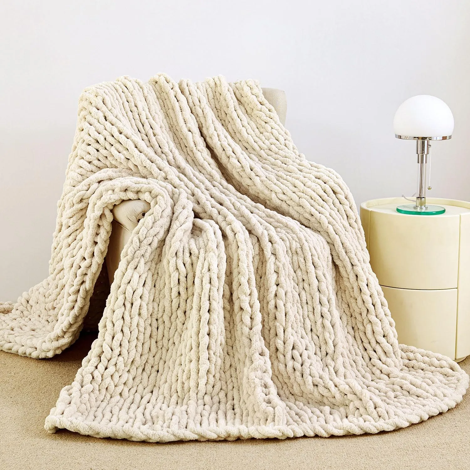 Chunky knit blanket throw for a cozy English cottage living room