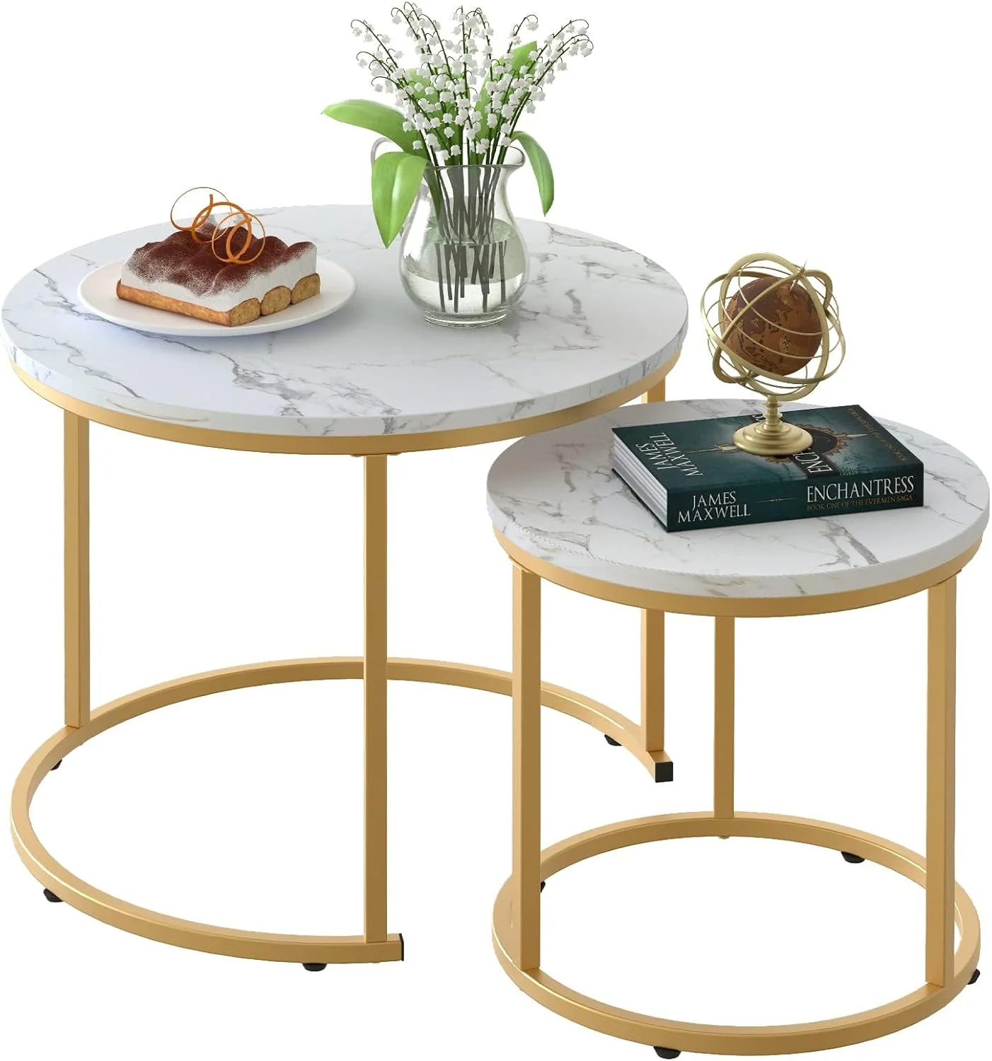 White marble-pattern nesting tables with gold frames