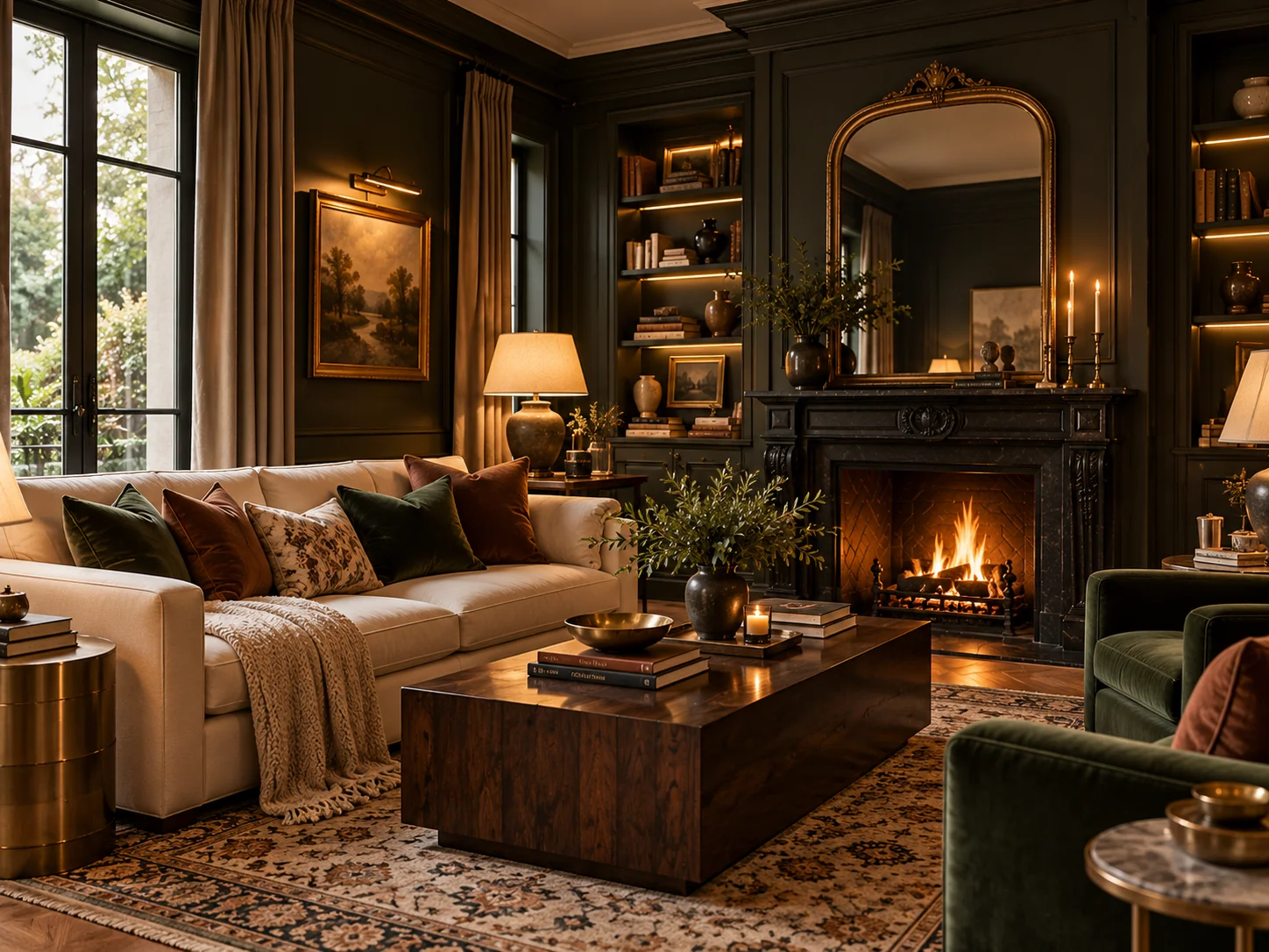 Dark and moody luxury living room with cream sofa fireplace and warm layered lighting