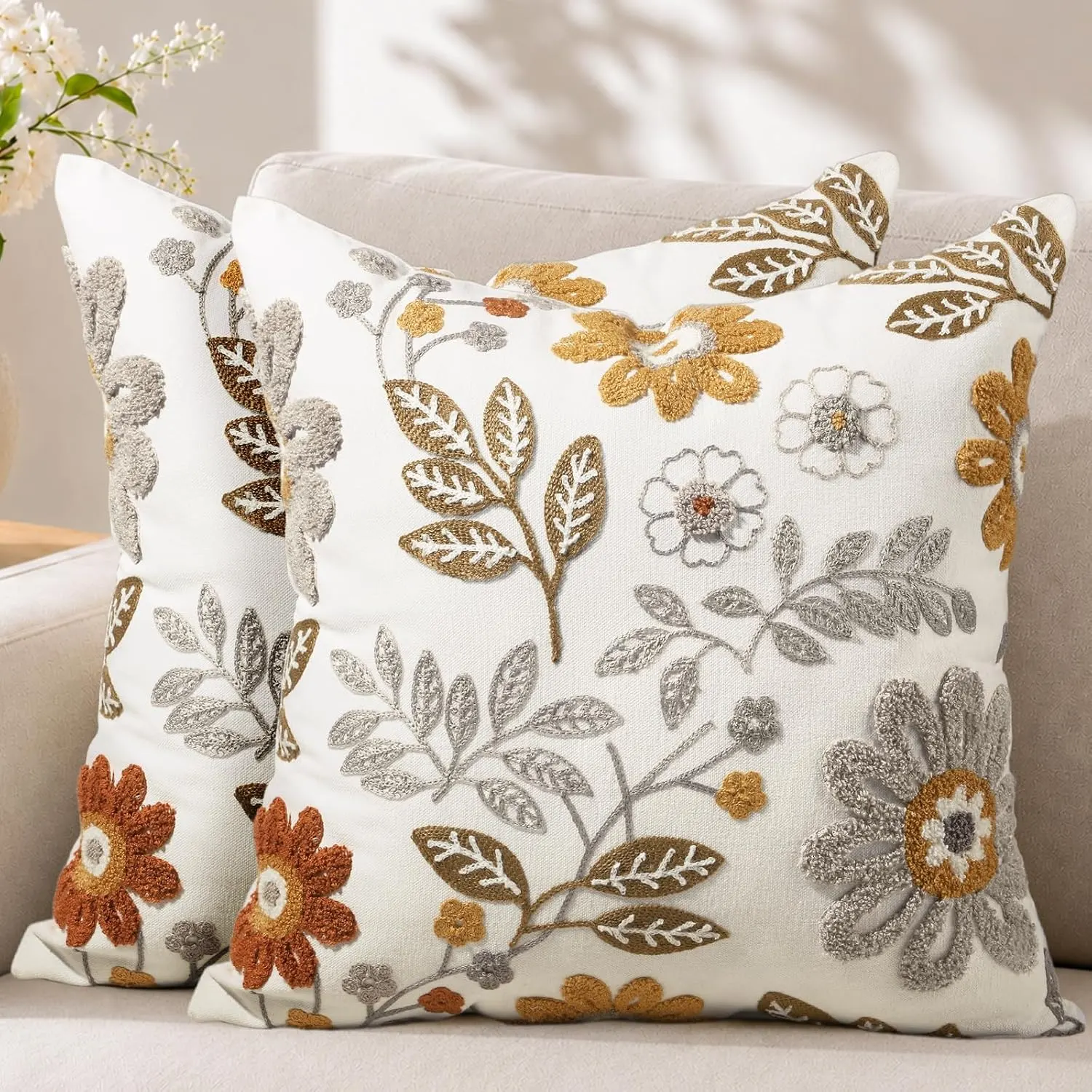 Amber floral embroidered throw pillow covers for eclectic living room decor
