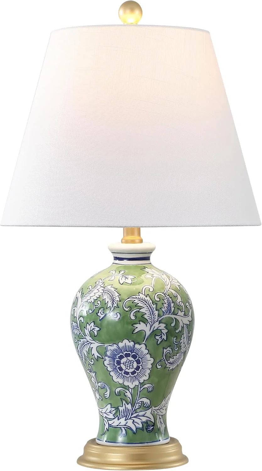 JONATHAN Y Grace French Country floral ceramic table lamp in green and white