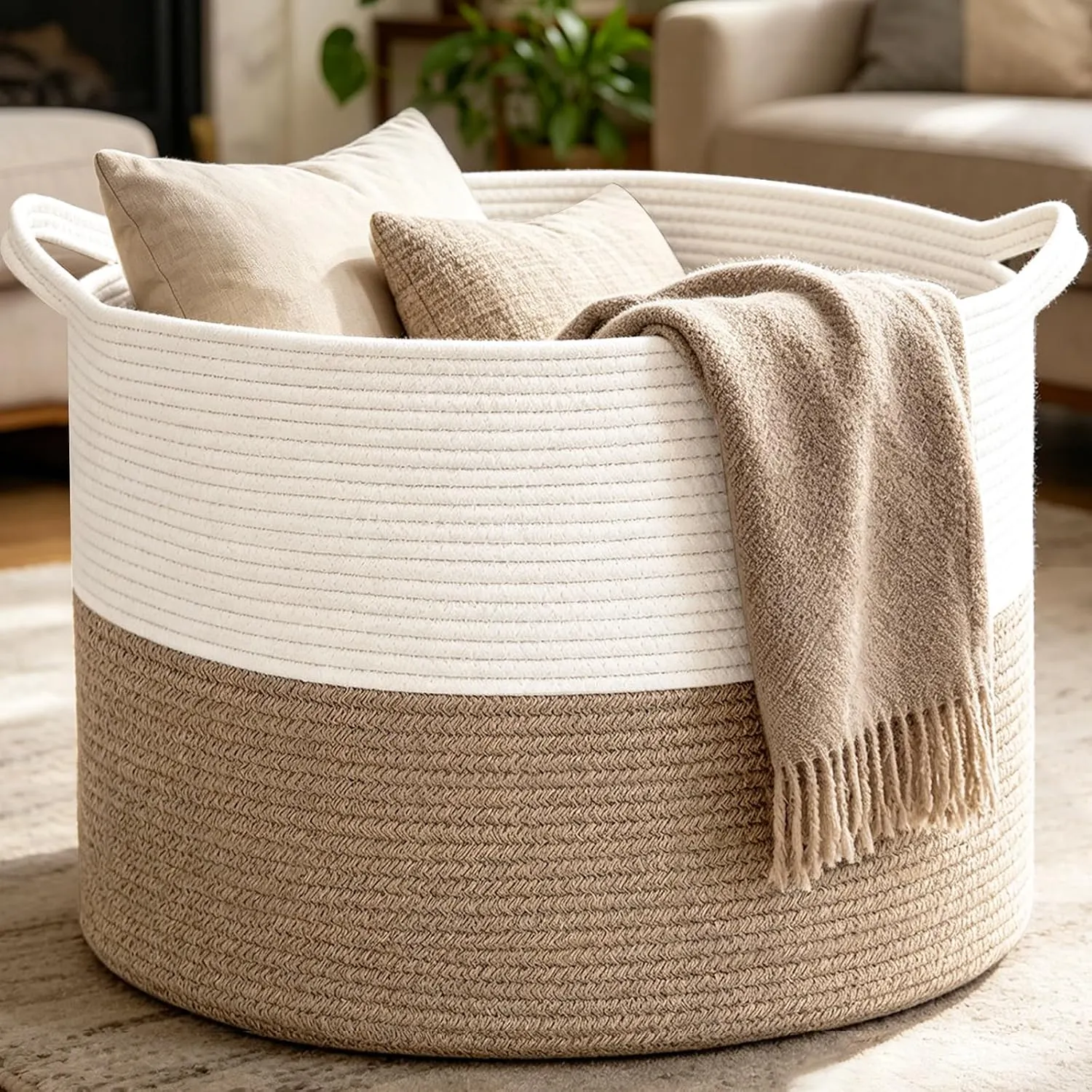 Large woven cotton rope basket for Japandi living room storage