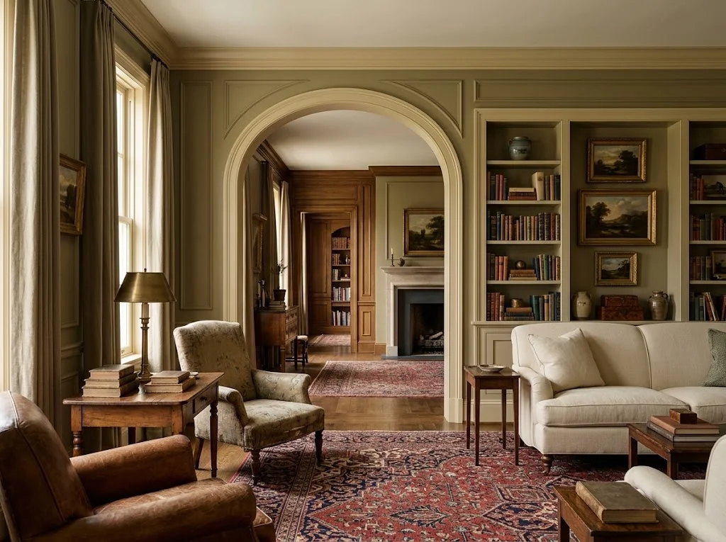 Vintage inspired living room with traditional furniture, artwork and patterned rug