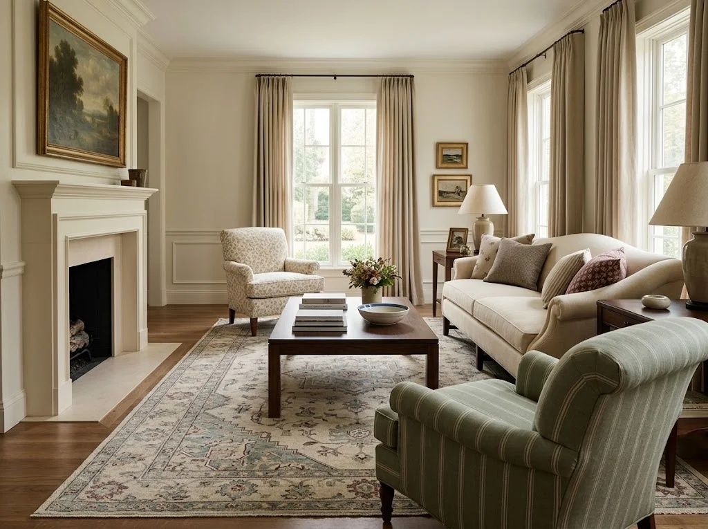 Timeless traditional living room with cream sofa classic fireplace and patterned rug
