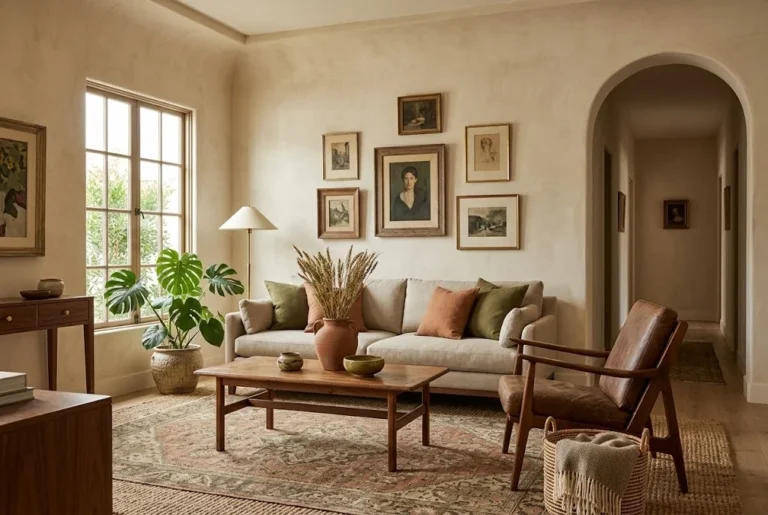 Character-filled living room with vintage art, warm wood furniture and Mediterranean arch
