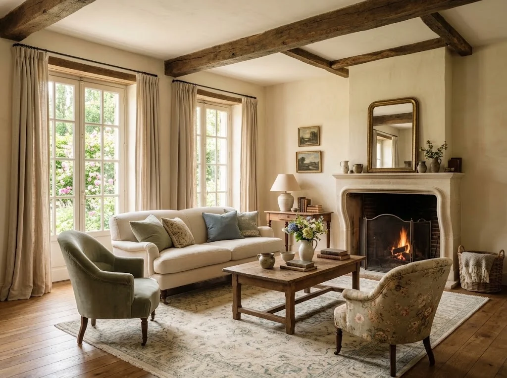 Coastal living room with linen sofa, cane chairs, natural wood and ocean view