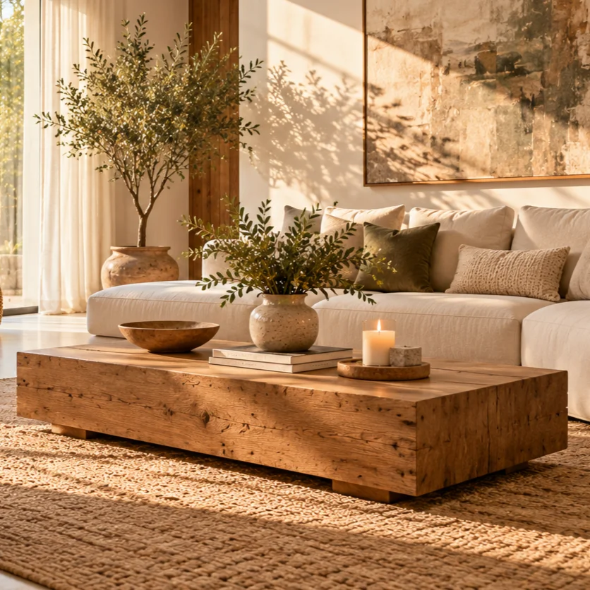 Cozy minimalist living room with cream sofa, large wood coffee table, neutral rug and oversized artwork