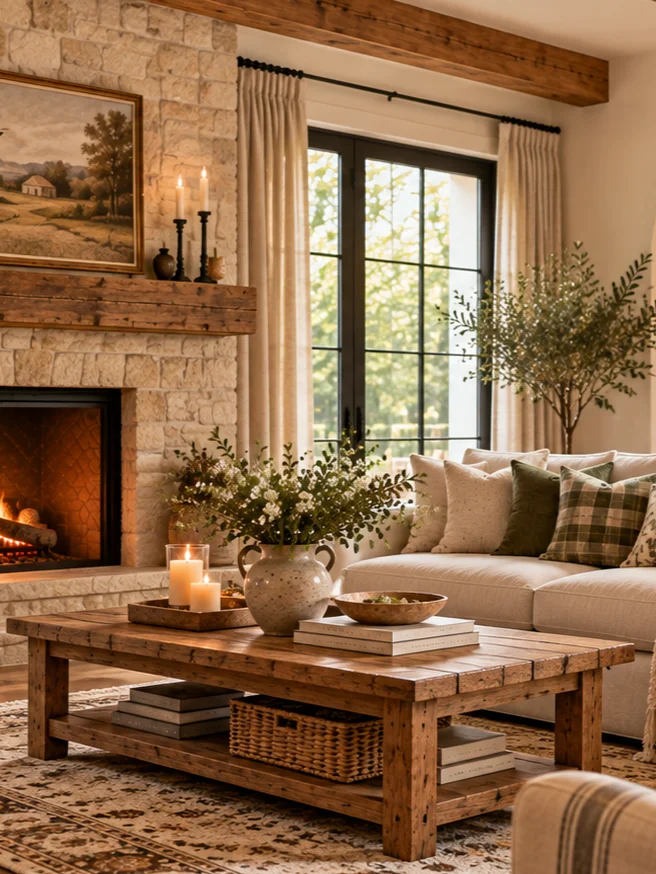 Modern farmhouse living room with cream sofa, rustic wood coffee table, stone fireplace and patterned rug