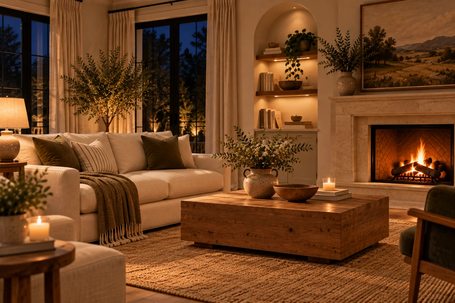 Transitional living room at night with cream sofa, classic fireplace, warm wood coffee table and ambient lighting