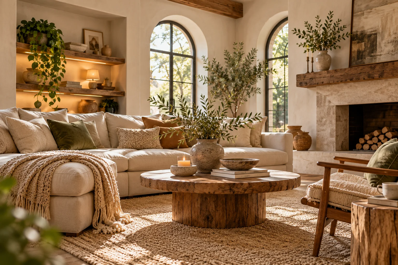 Warm minimalist Japandi living room with natural wood and neutral furniture